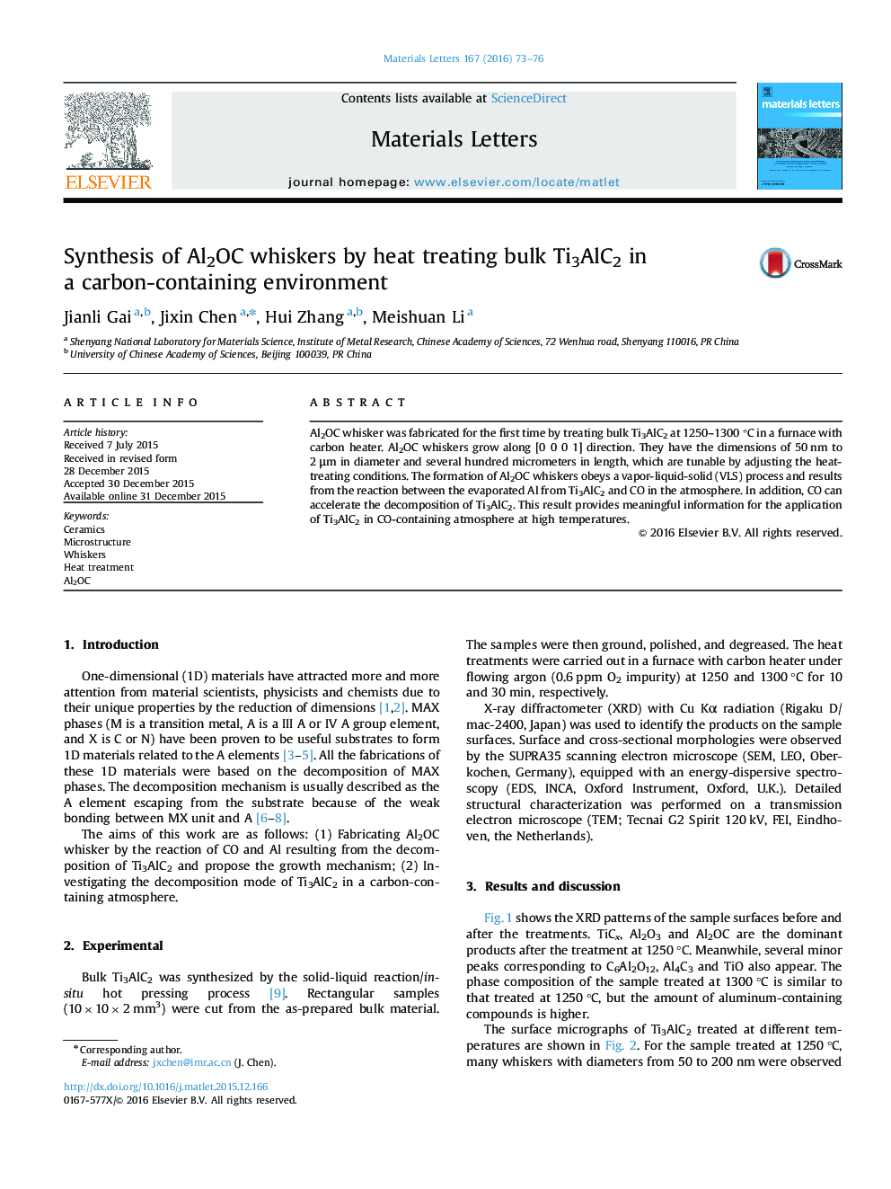 Synthesis of Al2OC whiskers by heat treating bulk Ti3AlC2 in a carbon-containing environment