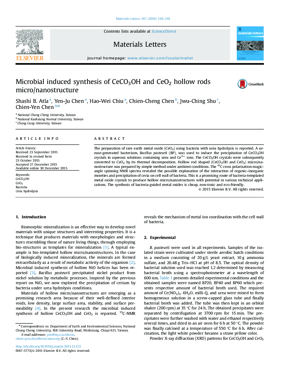 Microbial induced synthesis of CeCO3OH and CeO2 hollow rods micro/nanostructure