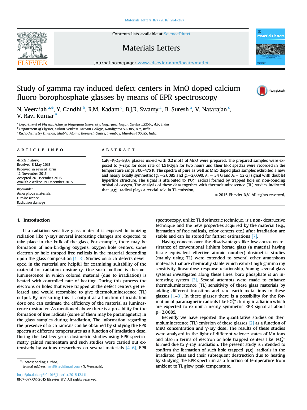 Study of gamma ray induced defect centers in MnO doped calcium fluoro borophosphate glasses by means of EPR spectroscopy