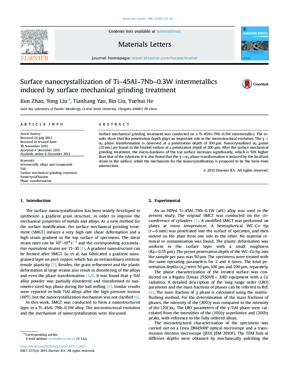 Surface nanocrystallization of Ti–45Al–7Nb–0.3W intermetallics induced by surface mechanical grinding treatment