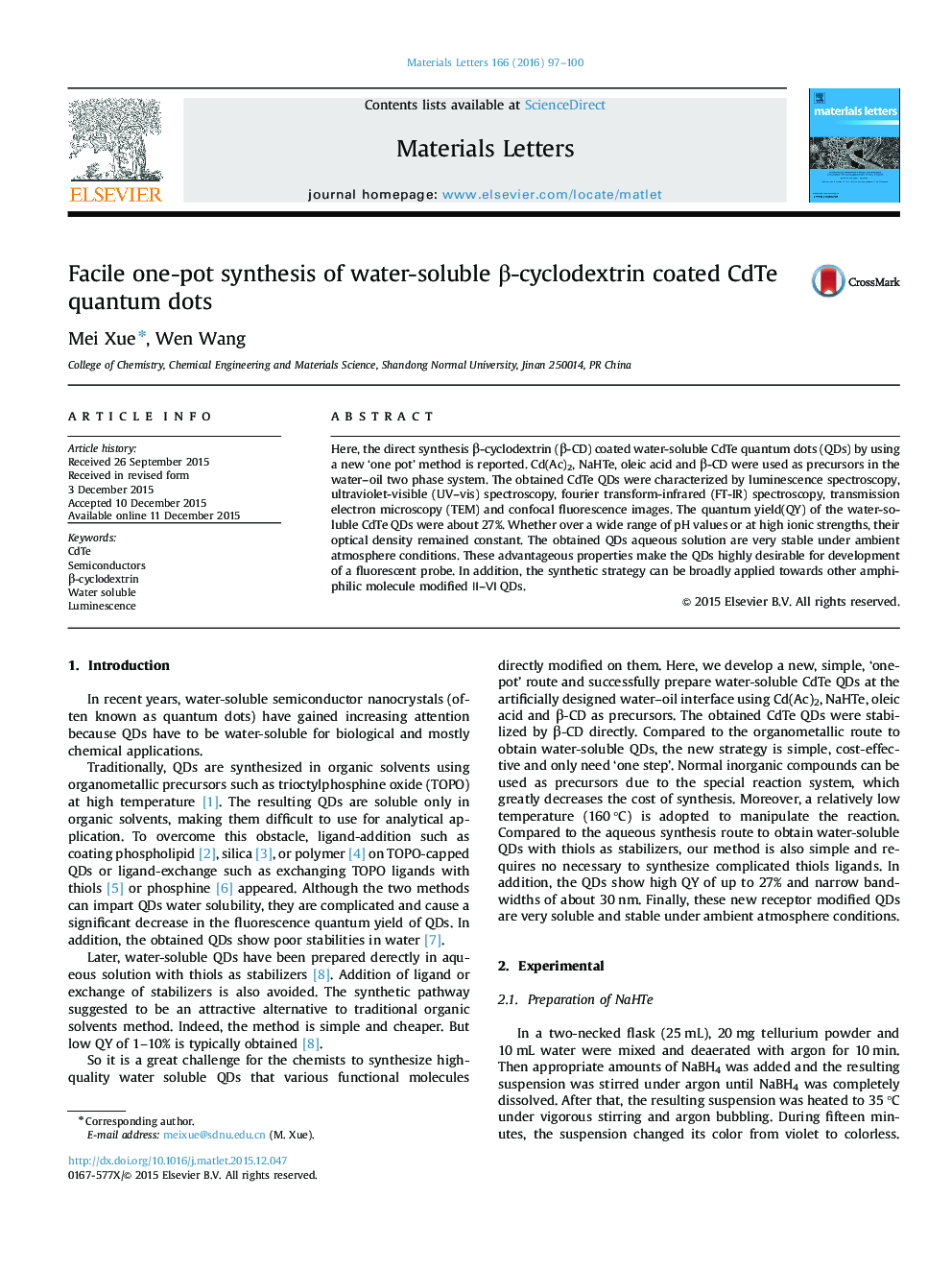 Facile one-pot synthesis of water-soluble Î²-cyclodextrin coated CdTe quantum dots