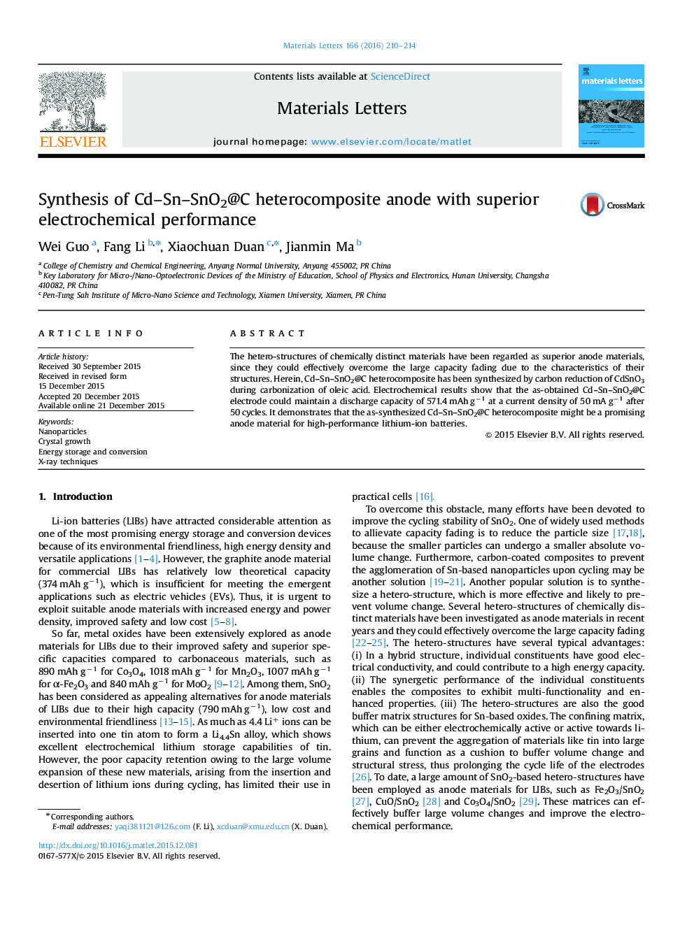 Synthesis of Cd–Sn–SnO2@C heterocomposite anode with superior electrochemical performance