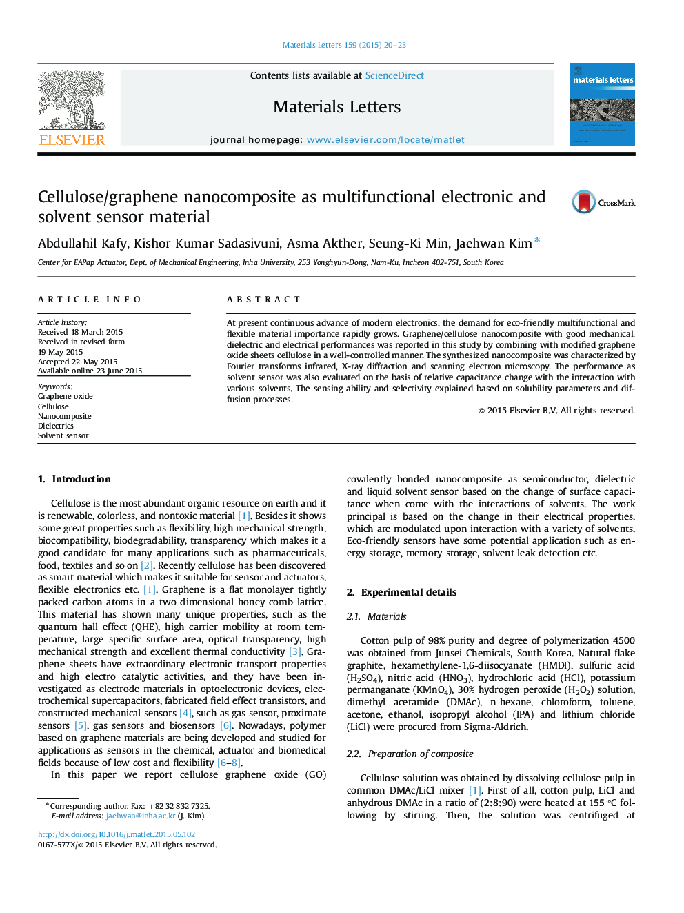 Cellulose/graphene nanocomposite as multifunctional electronic and solvent sensor material