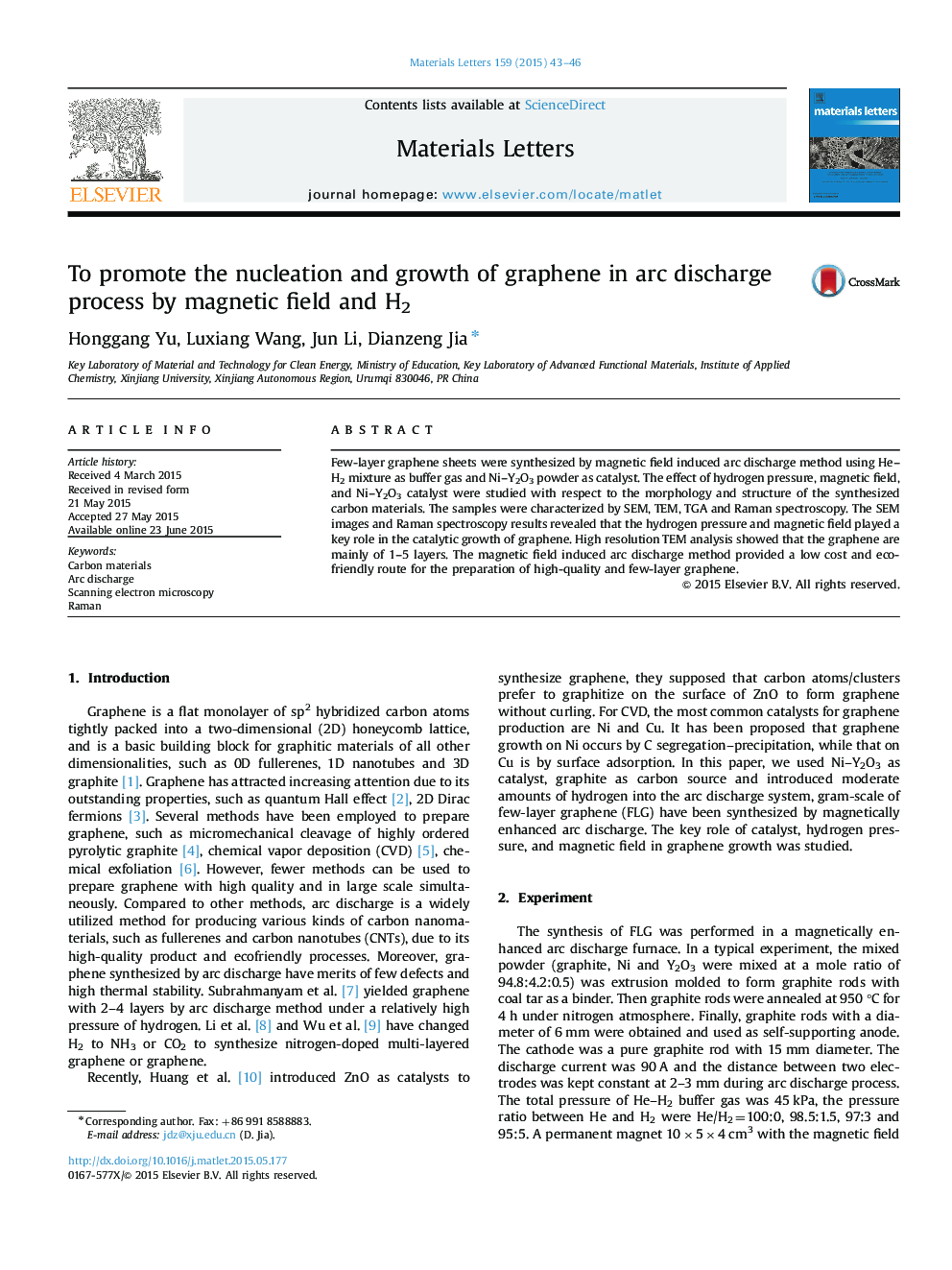 To promote the nucleation and growth of graphene in arc discharge process by magnetic field and H2