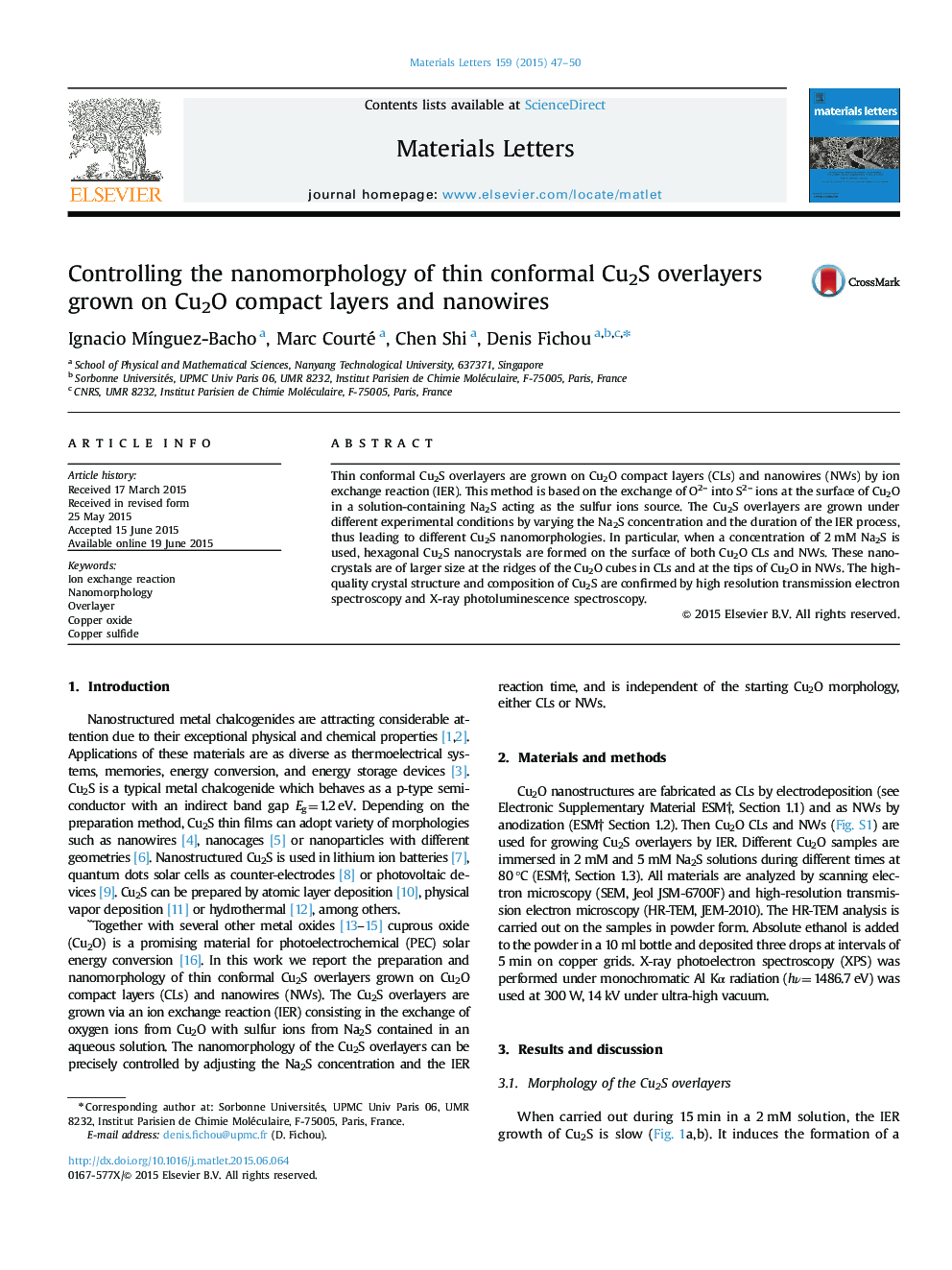 Controlling the nanomorphology of thin conformal Cu2S overlayers grown on Cu2O compact layers and nanowires