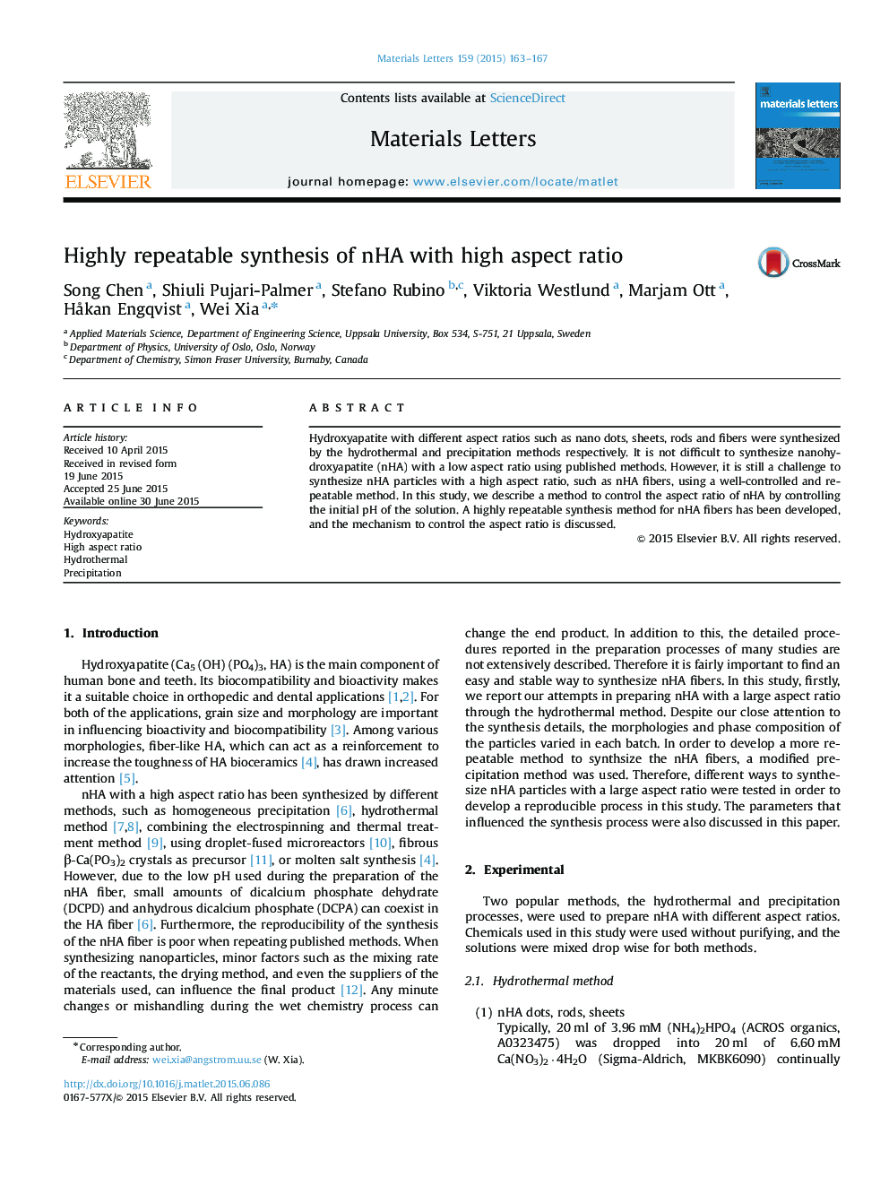 Highly repeatable synthesis of nHA with high aspect ratio