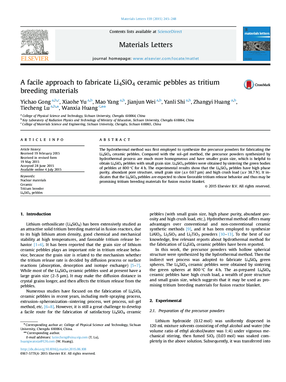 A facile approach to fabricate Li4SiO4 ceramic pebbles as tritium breeding materials