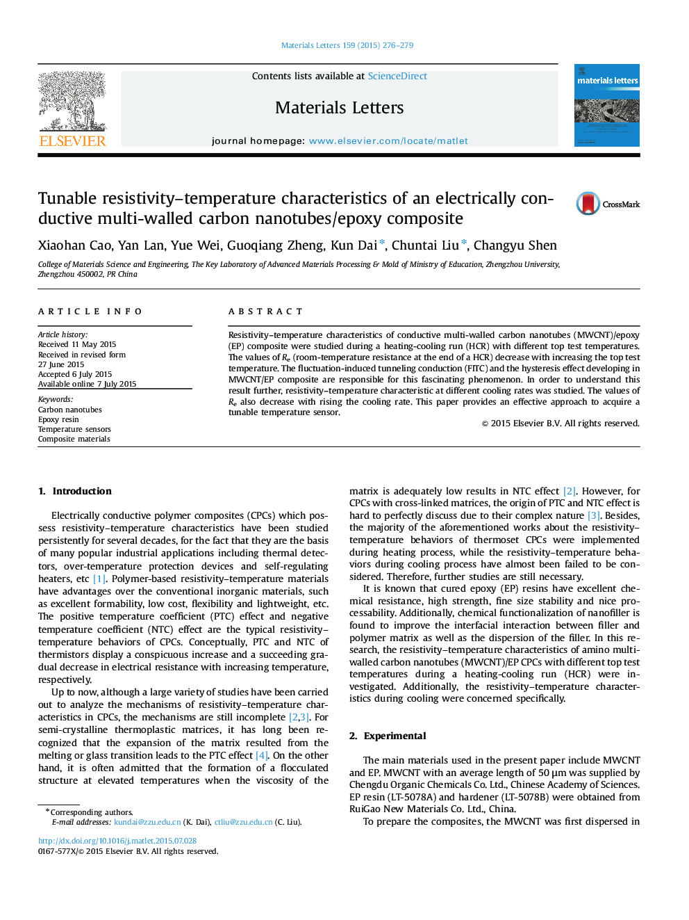 Tunable resistivity-temperature characteristics of an electrically conductive multi-walled carbon nanotubes/epoxy composite