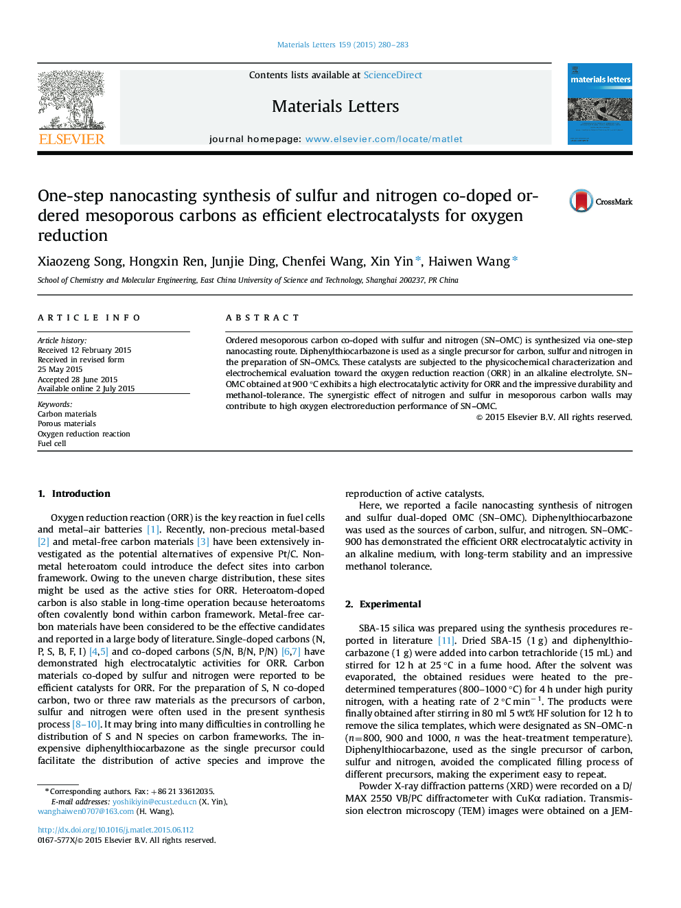 One-step nanocasting synthesis of sulfur and nitrogen co-doped ordered mesoporous carbons as efficient electrocatalysts for oxygen reduction