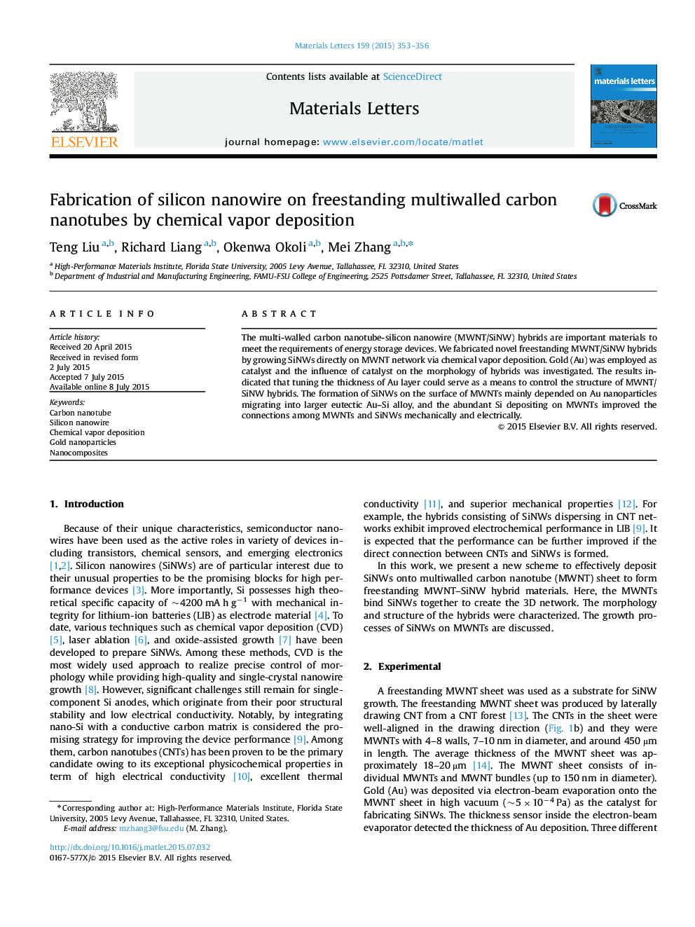 Fabrication of silicon nanowire on freestanding multiwalled carbon nanotubes by chemical vapor deposition