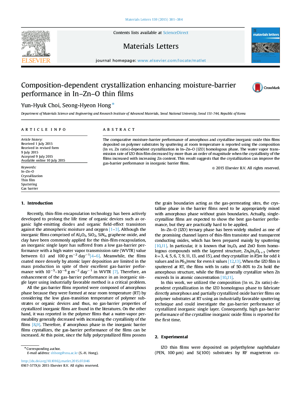 Composition-dependent crystallization enhancing moisture-barrier performance in In–Zn–O thin films