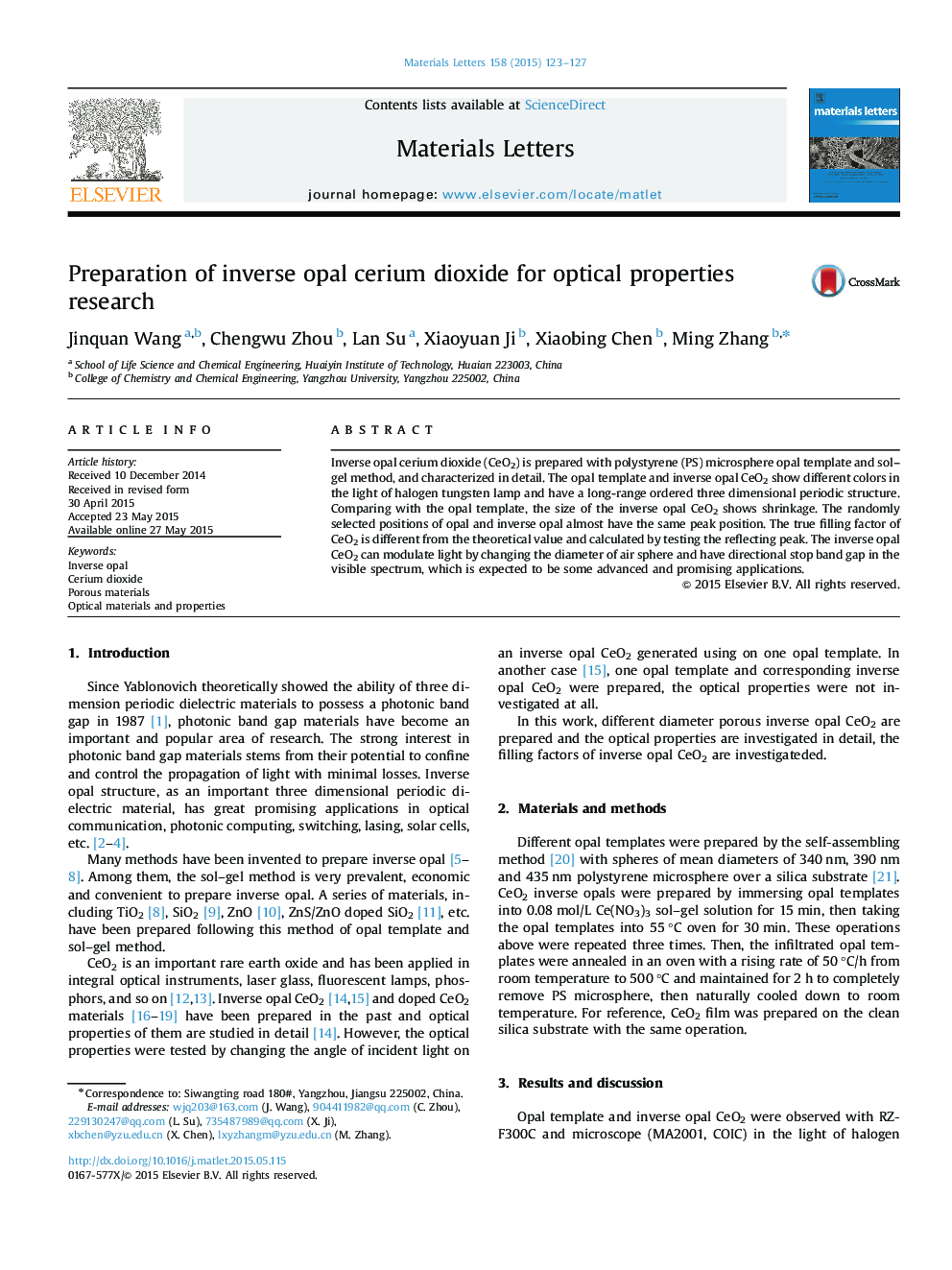 Preparation of inverse opal cerium dioxide for optical properties research