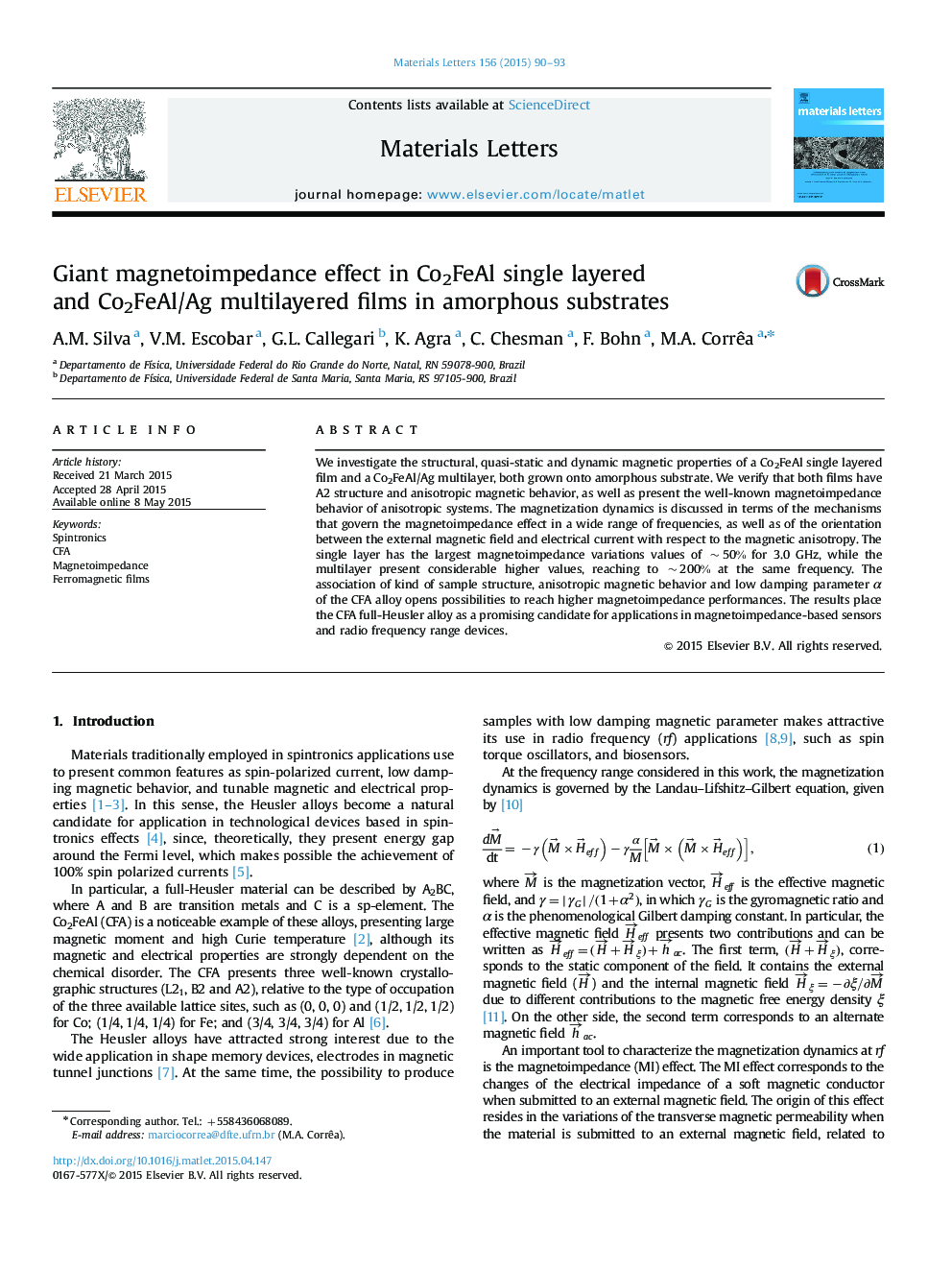 Giant magnetoimpedance effect in Co2FeAl single layered and Co2FeAl/Ag multilayered films in amorphous substrates