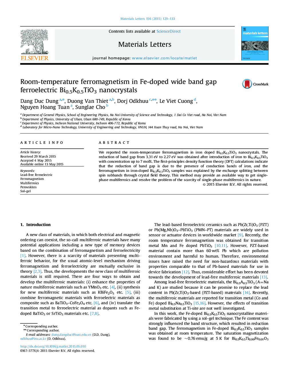 Room-temperature ferromagnetism in Fe-doped wide band gap ferroelectric Bi0.5K0.5TiO3 nanocrystals