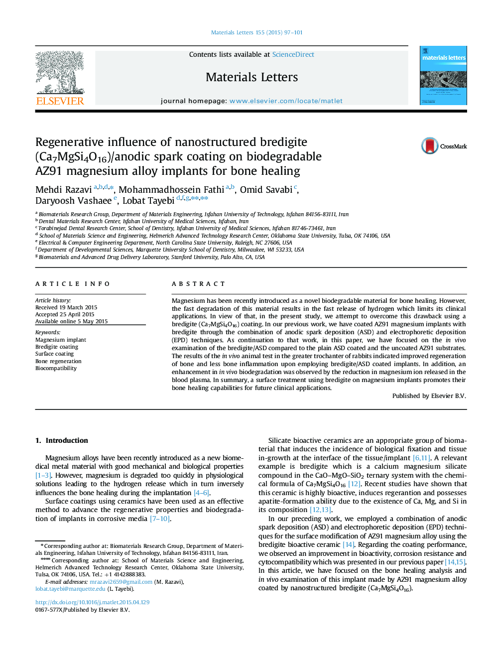 Regenerative influence of nanostructured bredigite (Ca7MgSi4O16)/anodic spark coating on biodegradable AZ91 magnesium alloy implants for bone healing