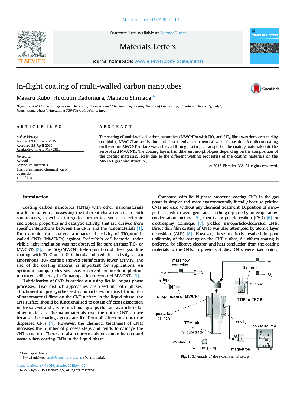 In-flight coating of multi-walled carbon nanotubes