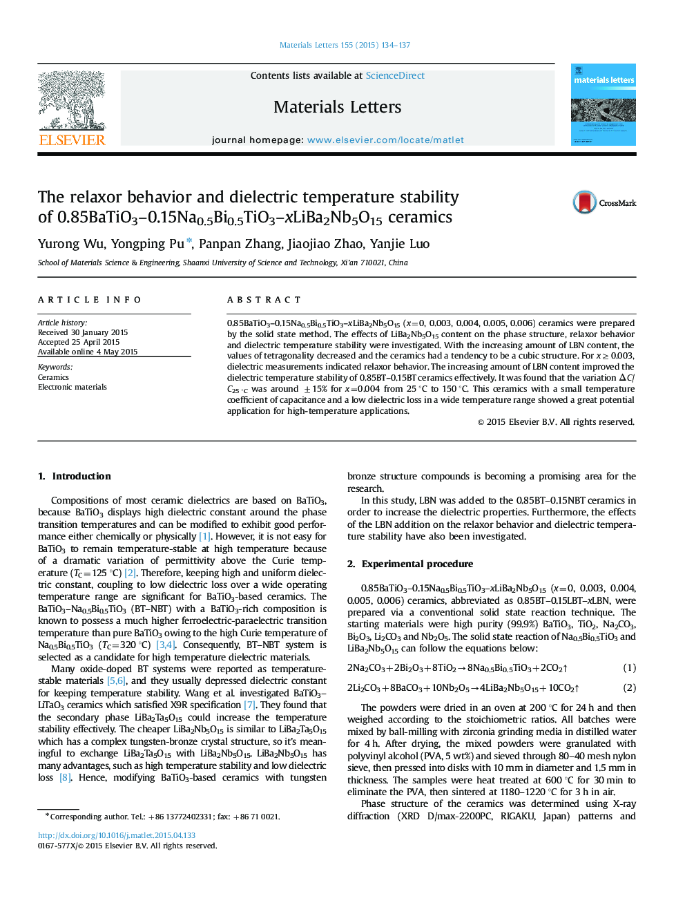 The relaxor behavior and dielectric temperature stability of 0.85BaTiO3–0.15Na0.5Bi0.5TiO3–xLiBa2Nb5O15 ceramics