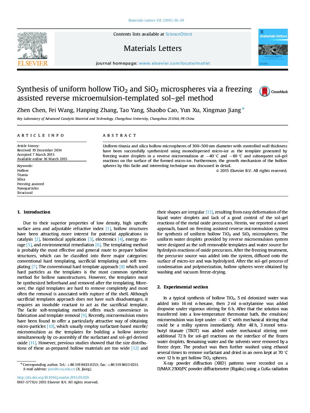 Synthesis of uniform hollow TiO2 and SiO2 microspheres via a freezing assisted reverse microemulsion-templated sol–gel method