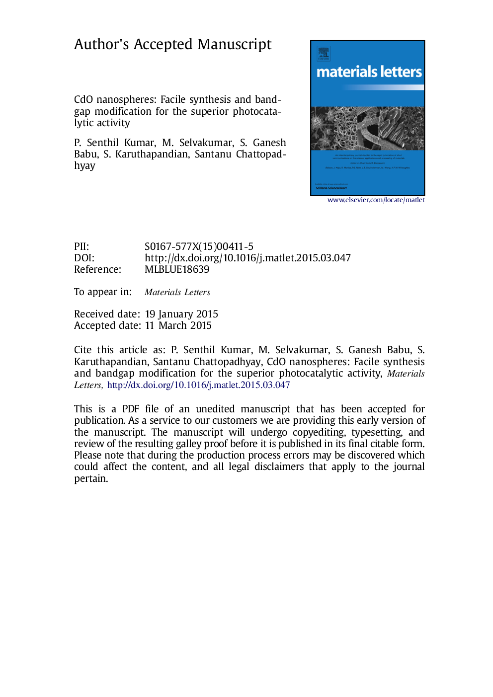 CdO nanospheres: Facile synthesis and bandgap modification for the superior photocatalytic activity