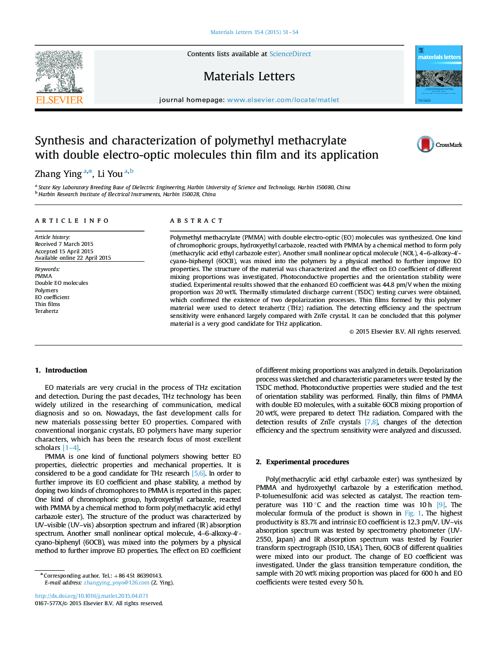 Synthesis and characterization of polymethyl methacrylate with double electro-optic molecules thin film and its application