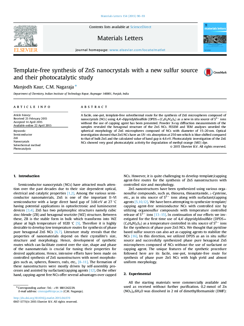 Template-free synthesis of ZnS nanocrystals with a new sulfur source and their photocatalytic study