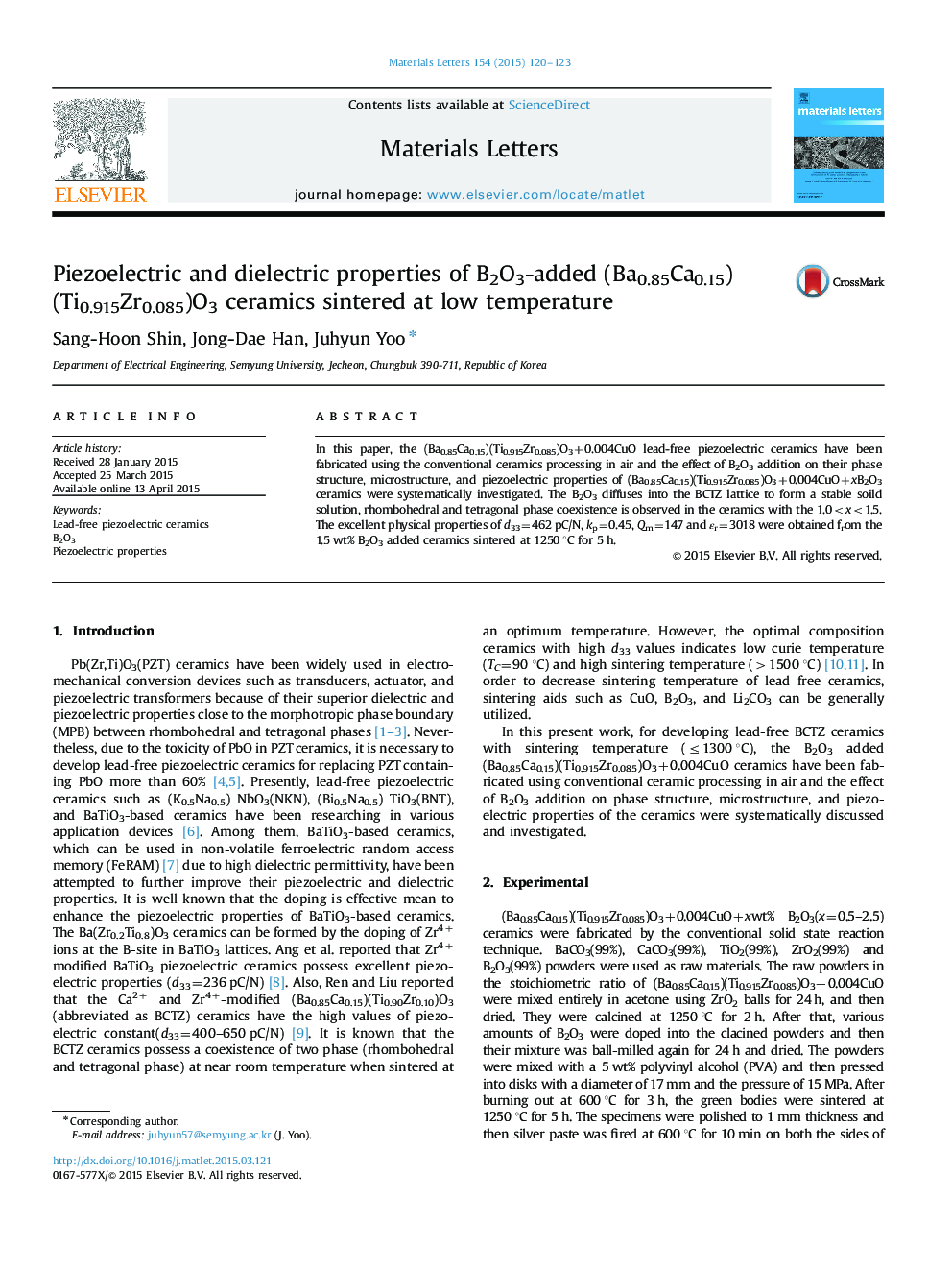 Piezoelectric and dielectric properties of B2O3-added (Ba0.85Ca0.15)(Ti0.915Zr0.085)O3 ceramics sintered at low temperature