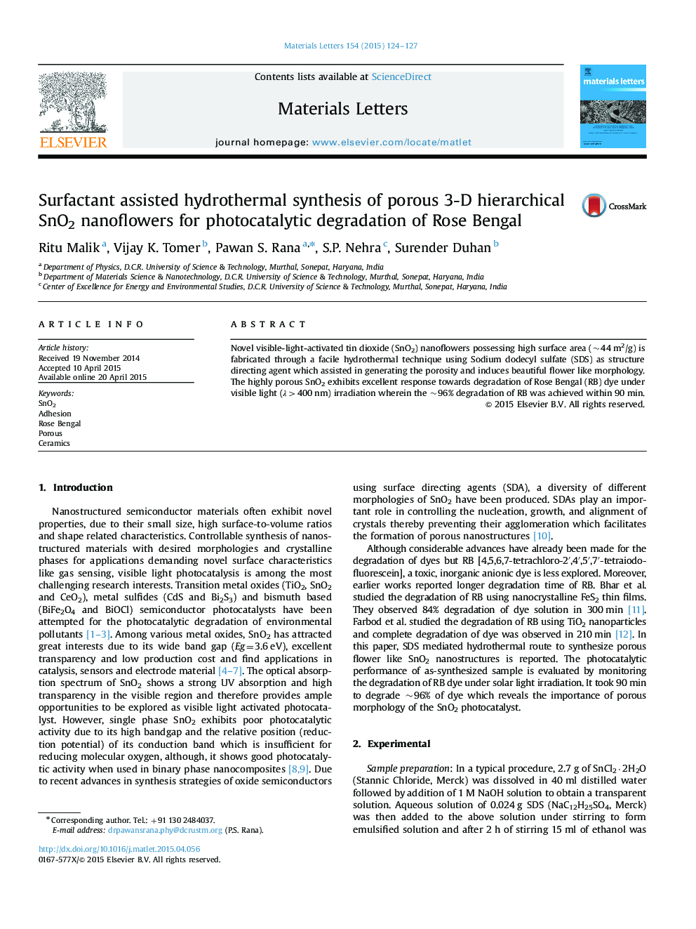 Surfactant assisted hydrothermal synthesis of porous 3-D hierarchical SnO2 nanoflowers for photocatalytic degradation of Rose Bengal