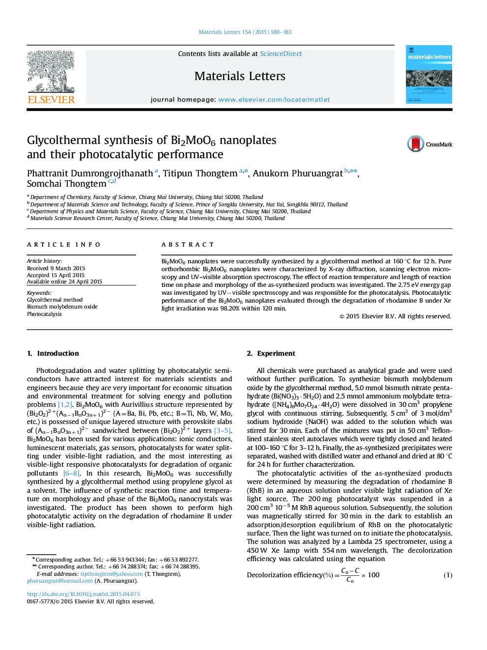 Glycolthermal synthesis of Bi2MoO6 nanoplates and their photocatalytic performance