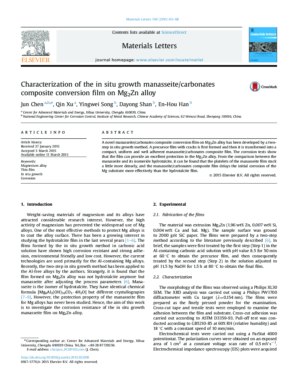 Characterization of the in situ growth manasseite/carbonates composite conversion film on Mg2Zn alloy