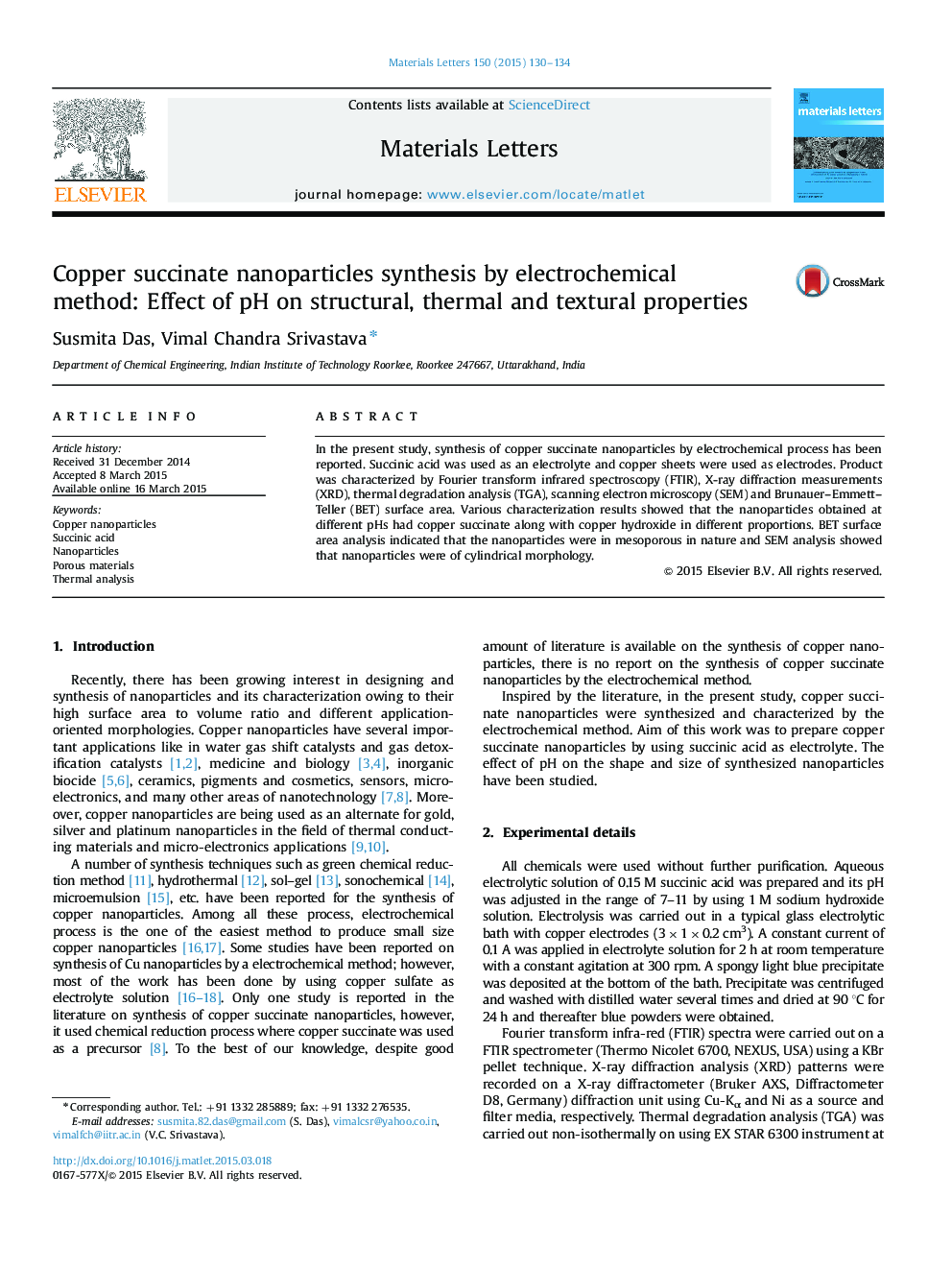 Copper succinate nanoparticles synthesis by electrochemical method: Effect of pH on structural, thermal and textural properties