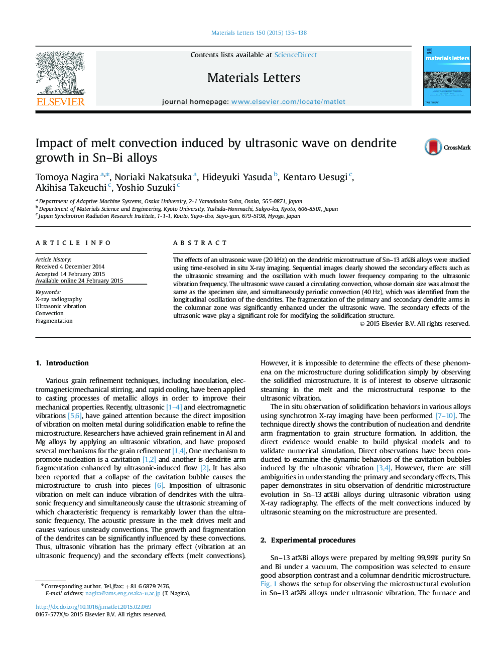 عکس صفحه اول مقاله: Impact of melt convection induced by ultrasonic wave on dendrite growth in Sn–Bi alloys Impact of melt convection induced by ultrasonic wave on dendrite growth in Sn–Bi alloys