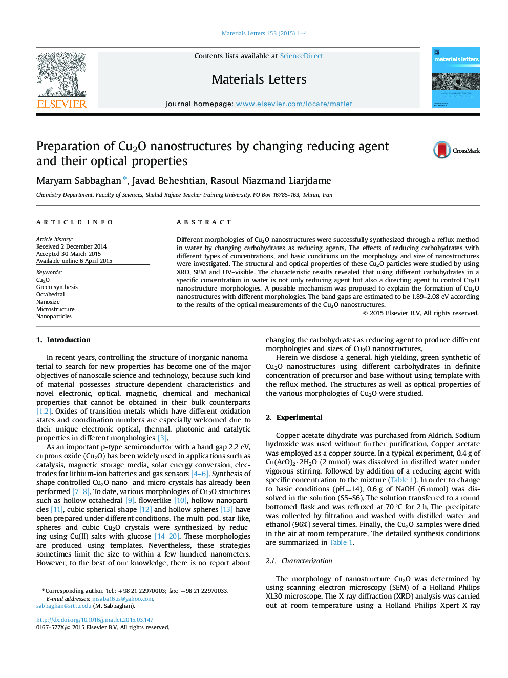 Preparation of Cu2O nanostructures by changing reducing agent and their optical properties