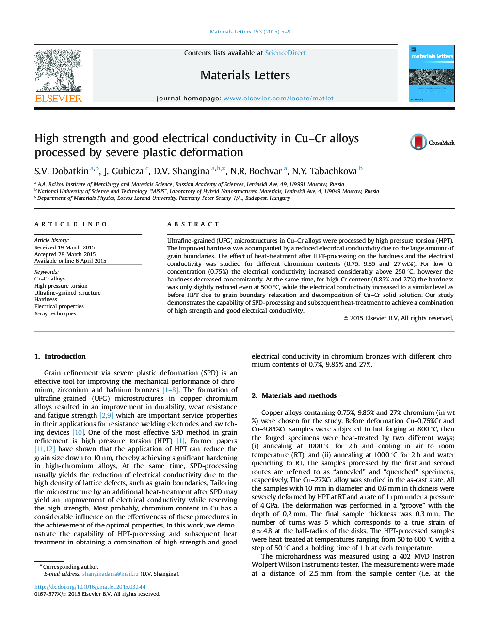 High strength and good electrical conductivity in Cu–Cr alloys processed by severe plastic deformation