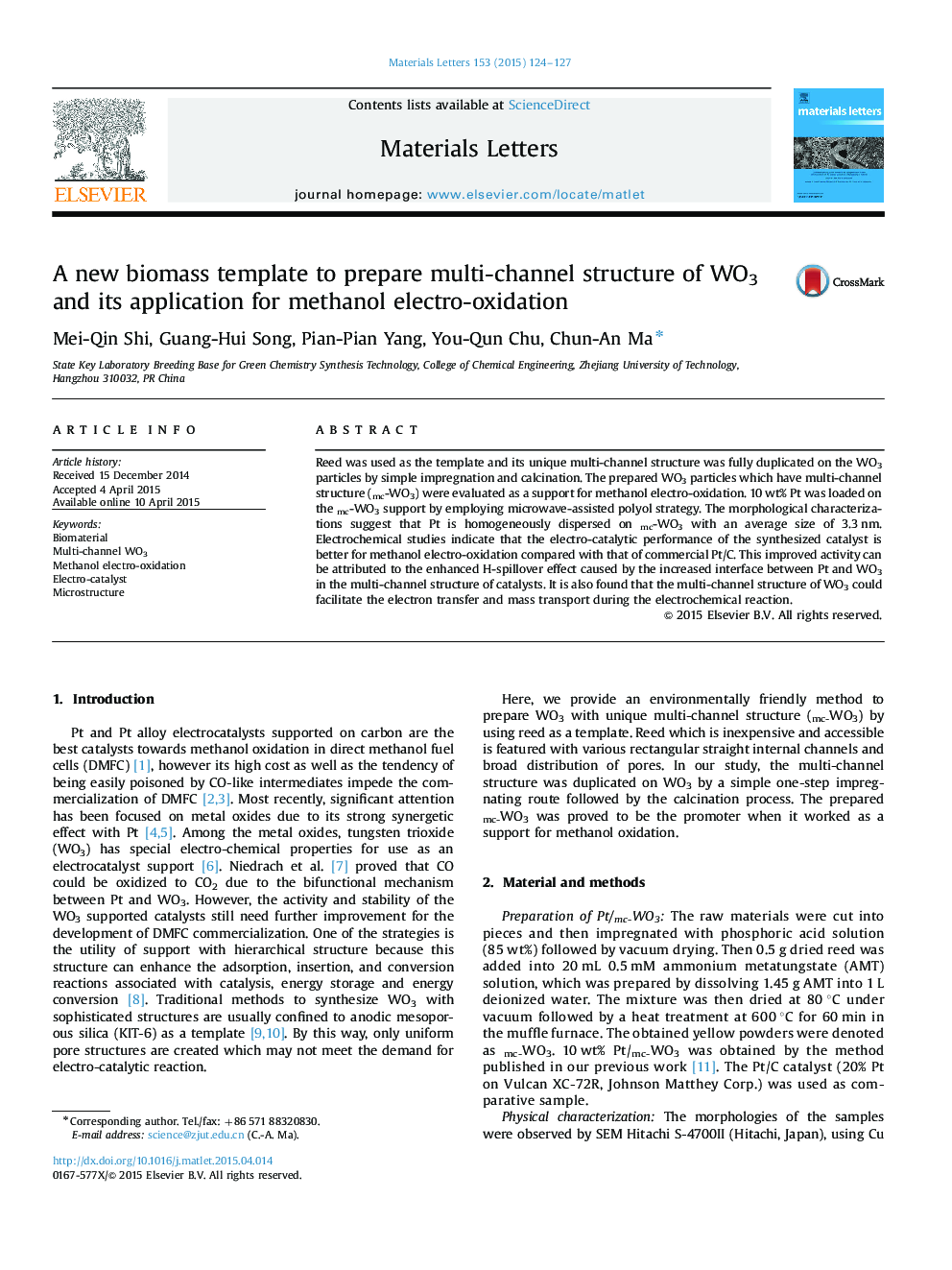 A new biomass template to prepare multi-channel structure of WO3 and its application for methanol electro-oxidation