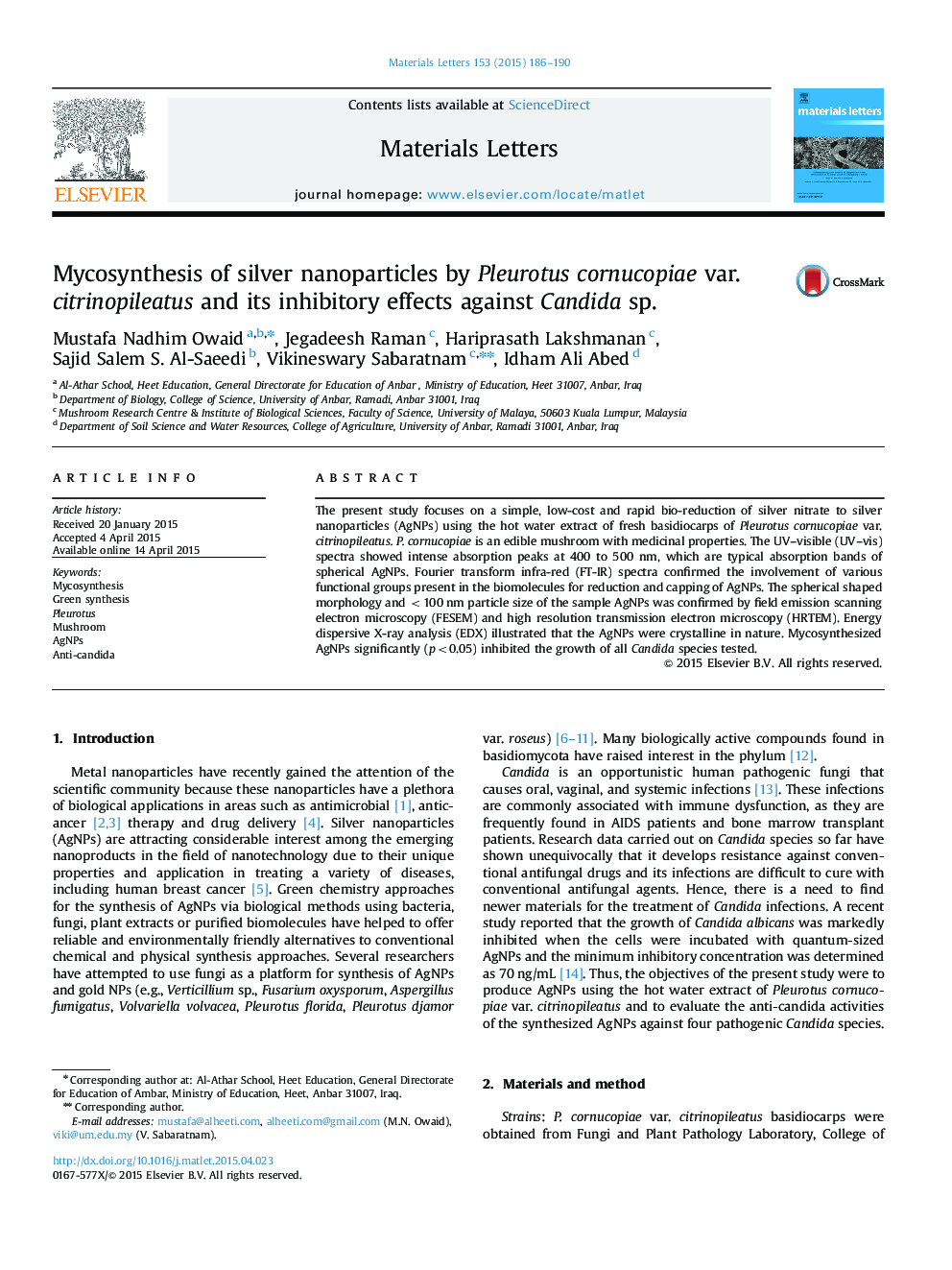 Mycosynthesis of silver nanoparticles by Pleurotus cornucopiae var. citrinopileatus and its inhibitory effects against Candida sp.