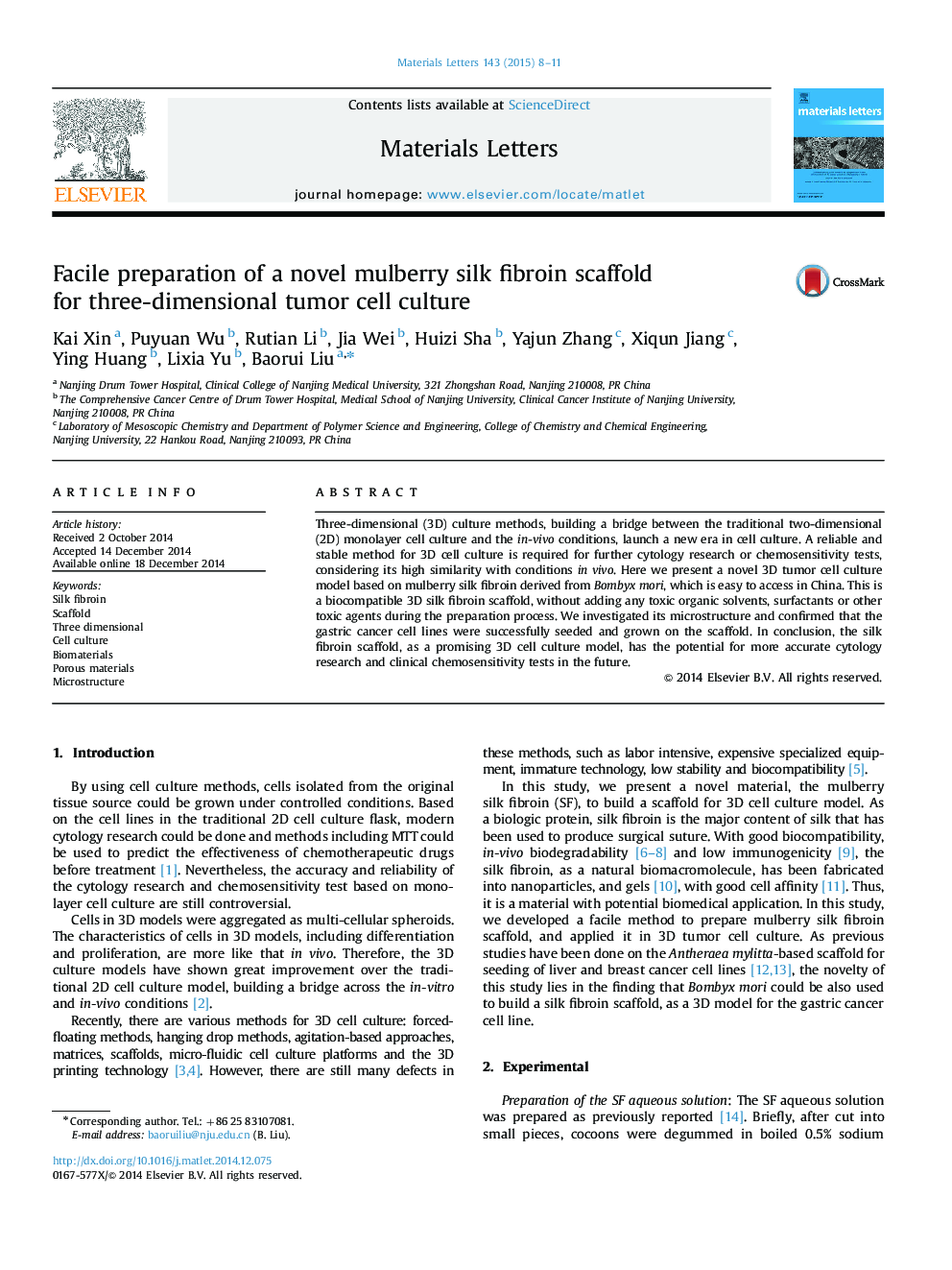 Facile preparation of a novel mulberry silk fibroin scaffold for three-dimensional tumor cell culture