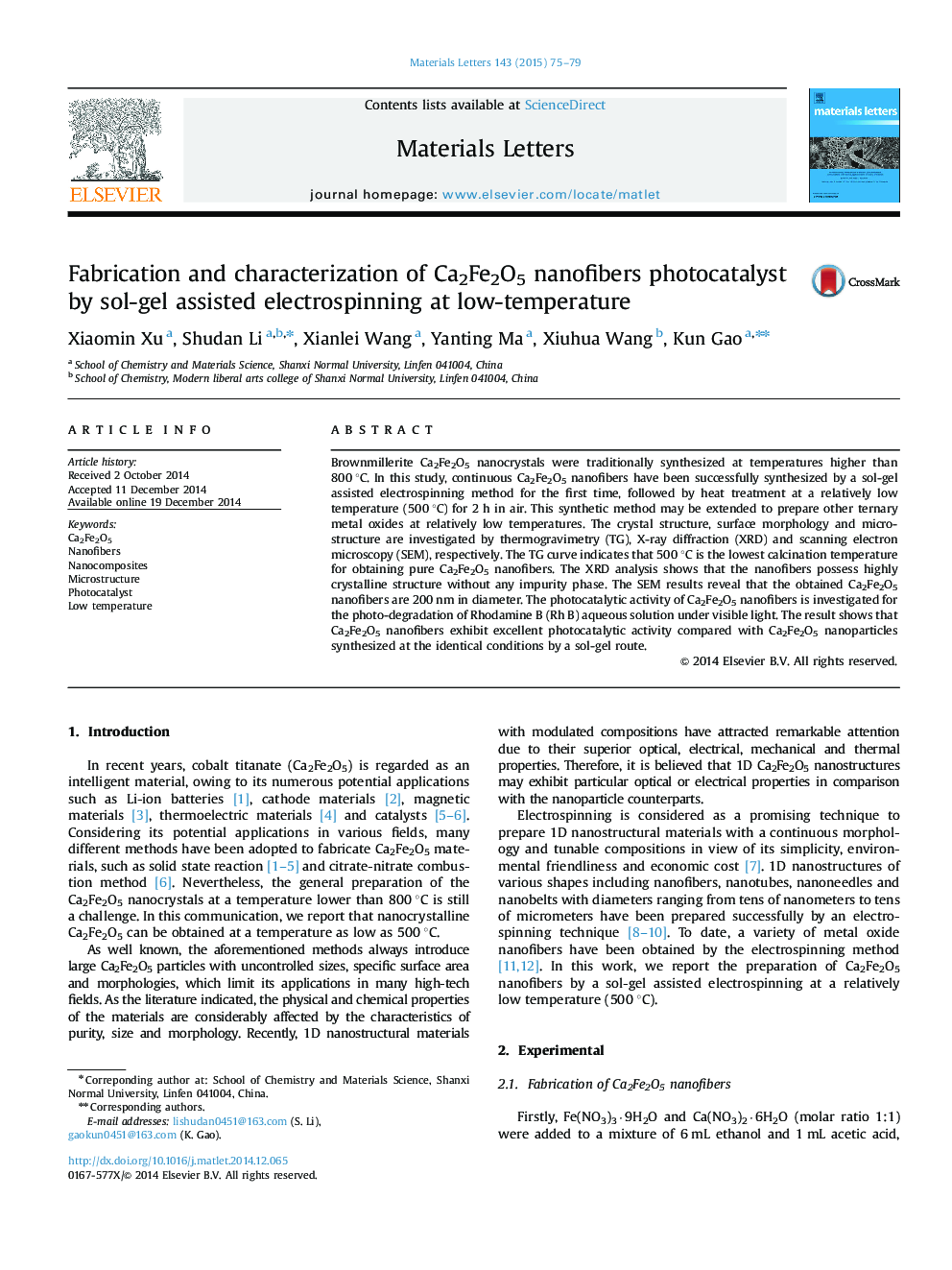 Fabrication and characterization of Ca2Fe2O5 nanofibers photocatalyst by sol-gel assisted electrospinning at low-temperature