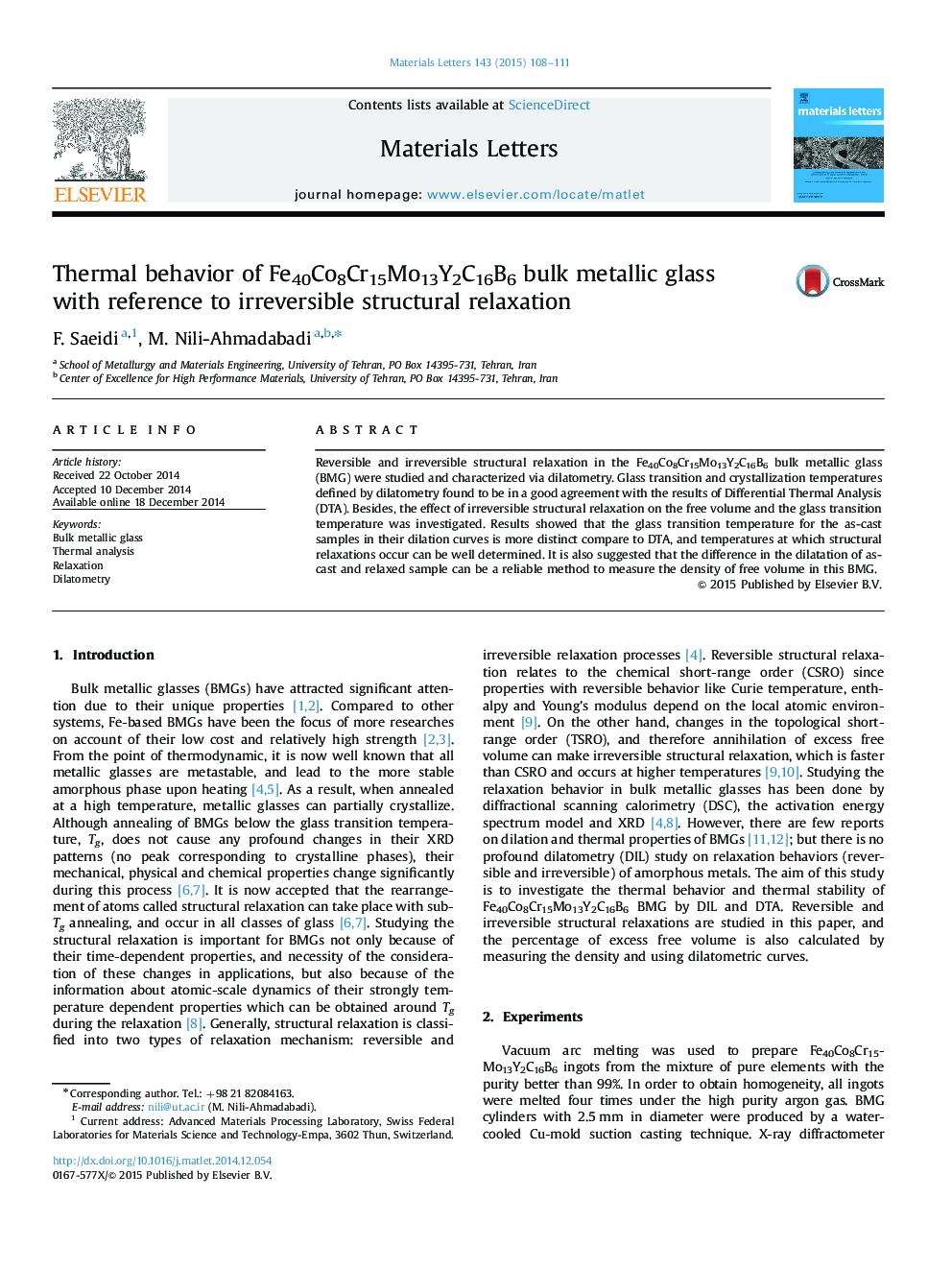 Thermal behavior of Fe40Co8Cr15Mo13Y2C16B6 bulk metallic glass with reference to irreversible structural relaxation