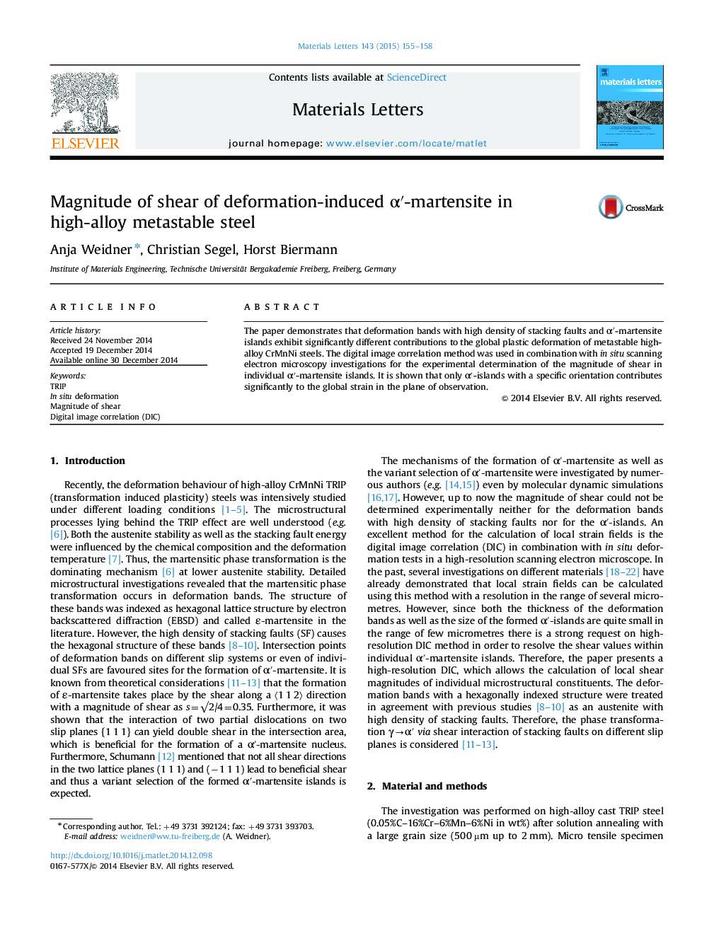 Magnitude of shear of deformation-induced Î±â²-martensite in high-alloy metastable steel