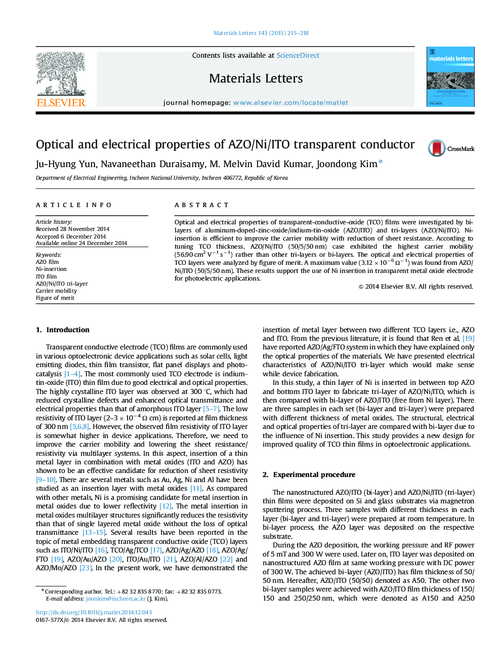 Optical and electrical properties of AZO/Ni/ITO transparent conductor