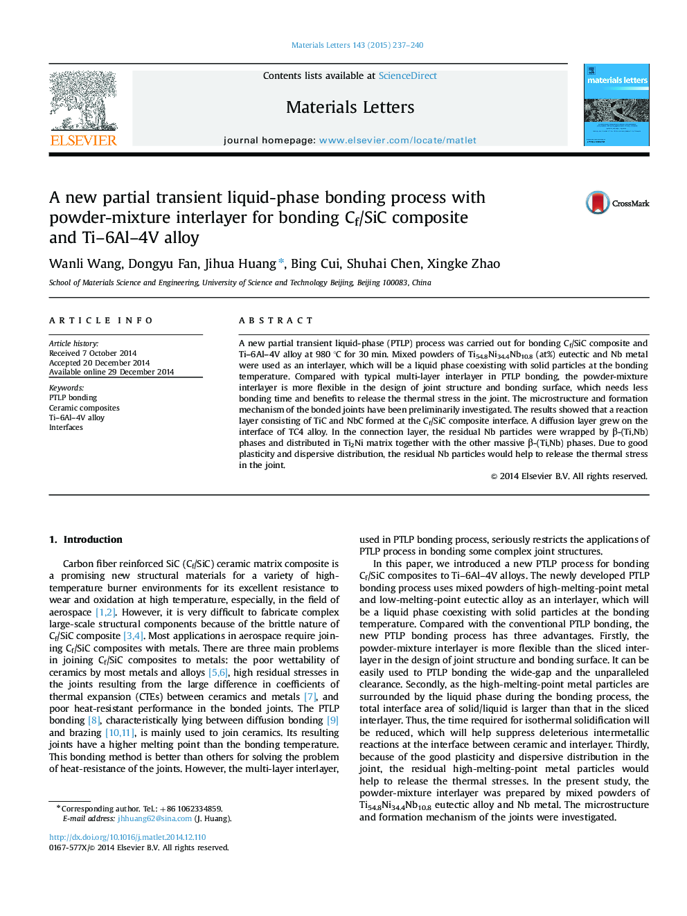 A new partial transient liquid-phase bonding process with powder-mixture interlayer for bonding Cf/SiC composite and Ti–6Al–4V alloy