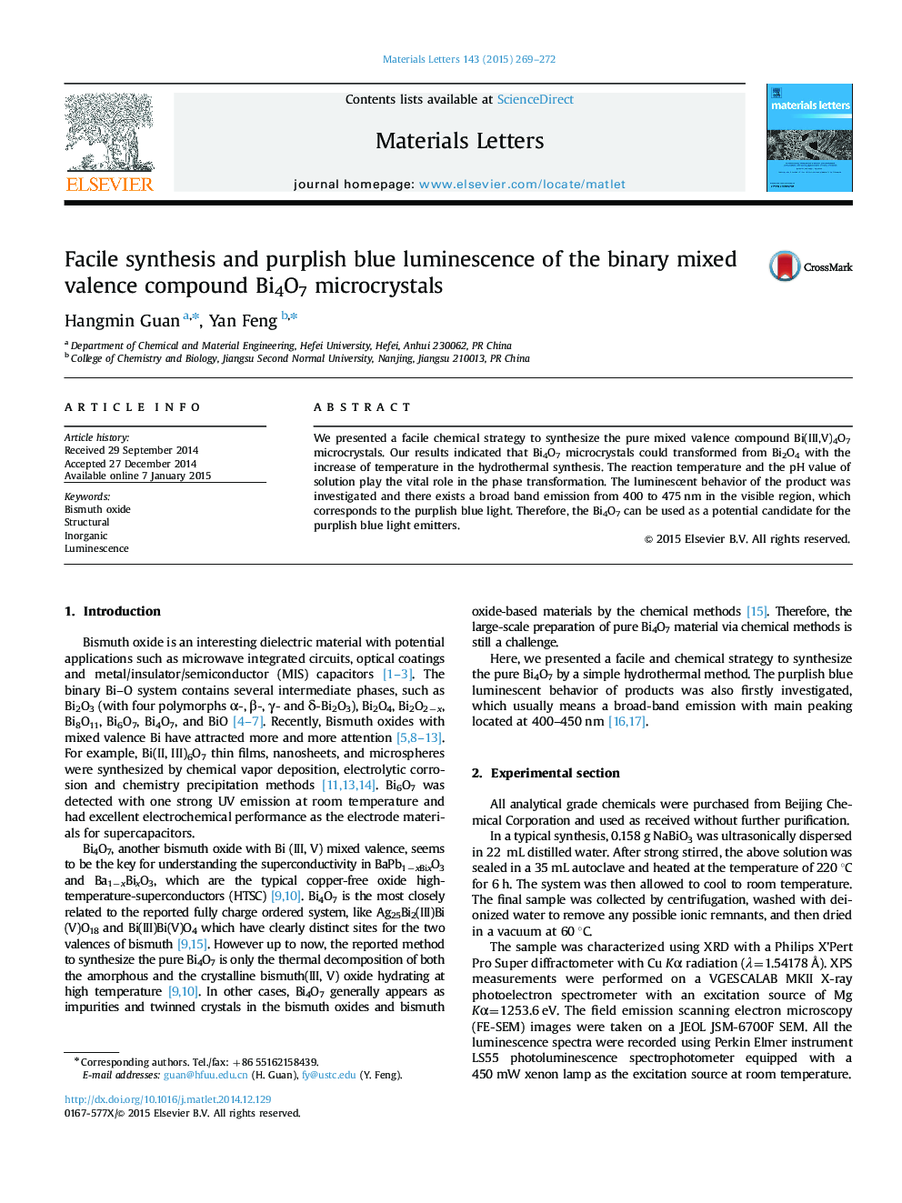 Facile synthesis and purplish blue luminescence of the binary mixed valence compound Bi4O7 microcrystals