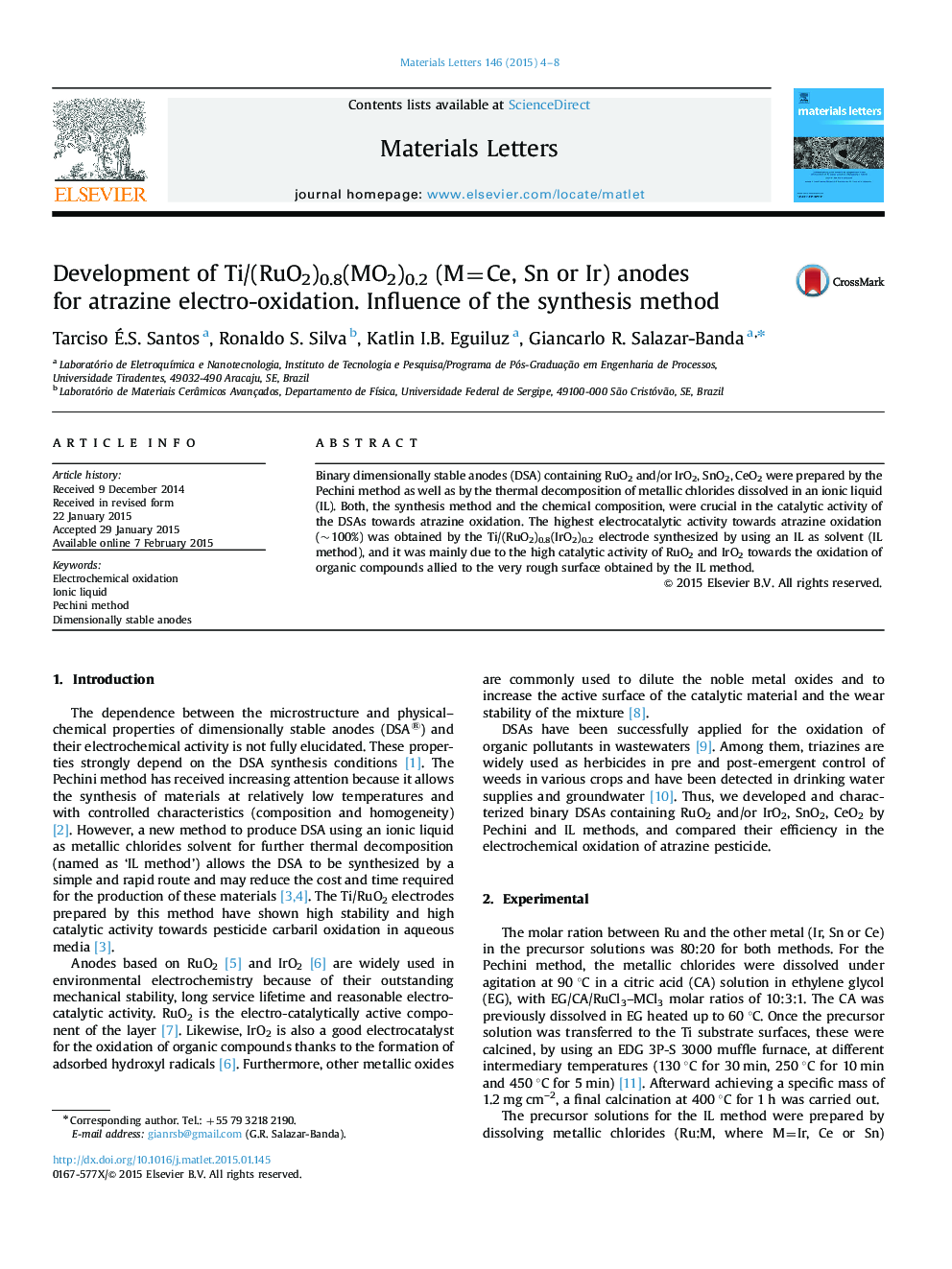 Development of Ti/(RuO2)0.8(MO2)0.2 (M=Ce, Sn or Ir) anodes for atrazine electro-oxidation. Influence of the synthesis method