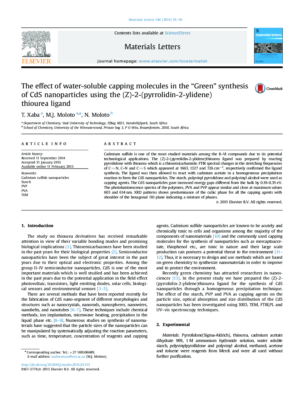 The effect of water-soluble capping molecules in the “Green” synthesis of CdS nanoparticles using the (Z)-2-(pyrrolidin-2-ylidene)thiourea ligand