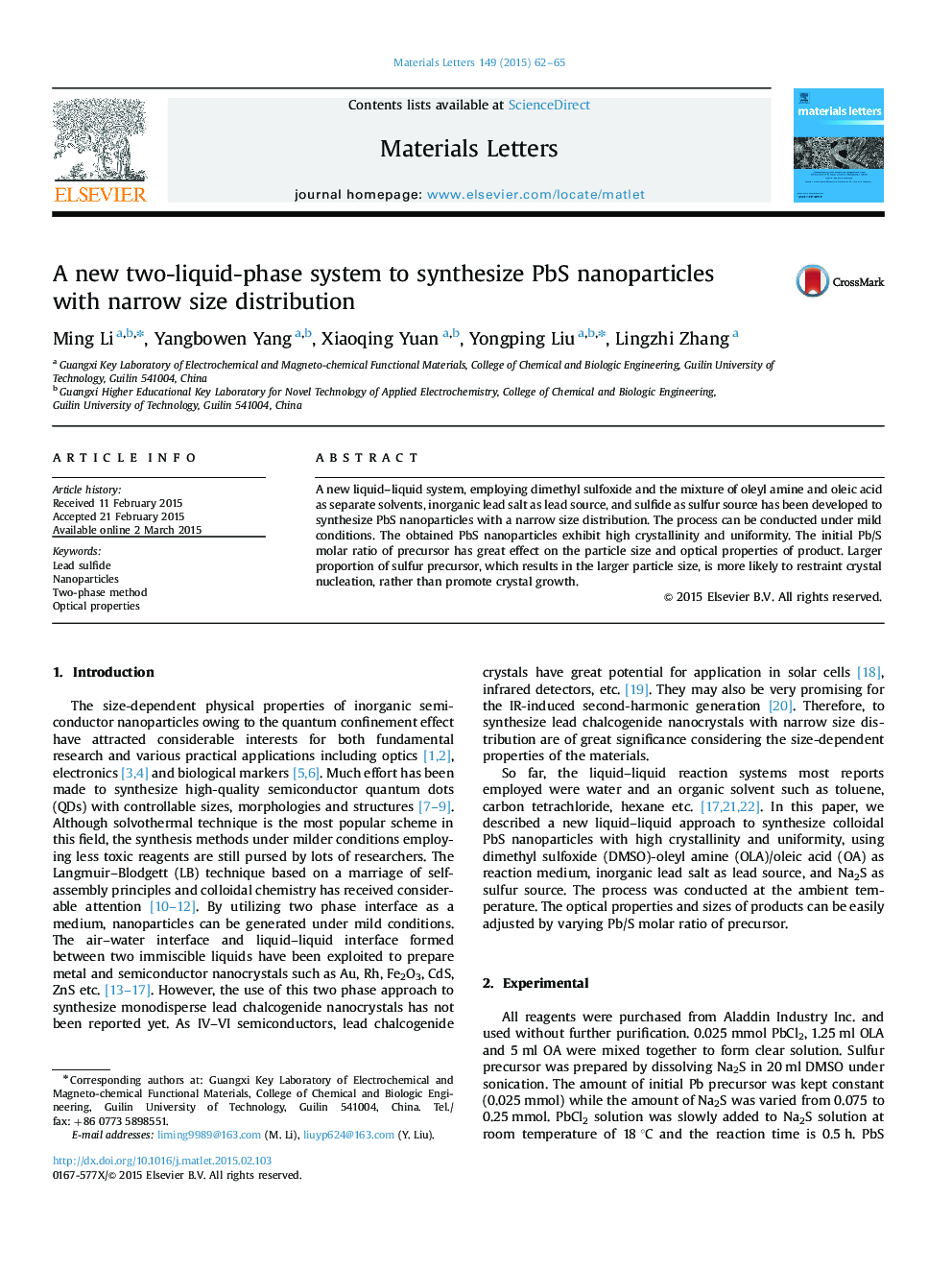 A new two-liquid-phase system to synthesize PbS nanoparticles with narrow size distribution