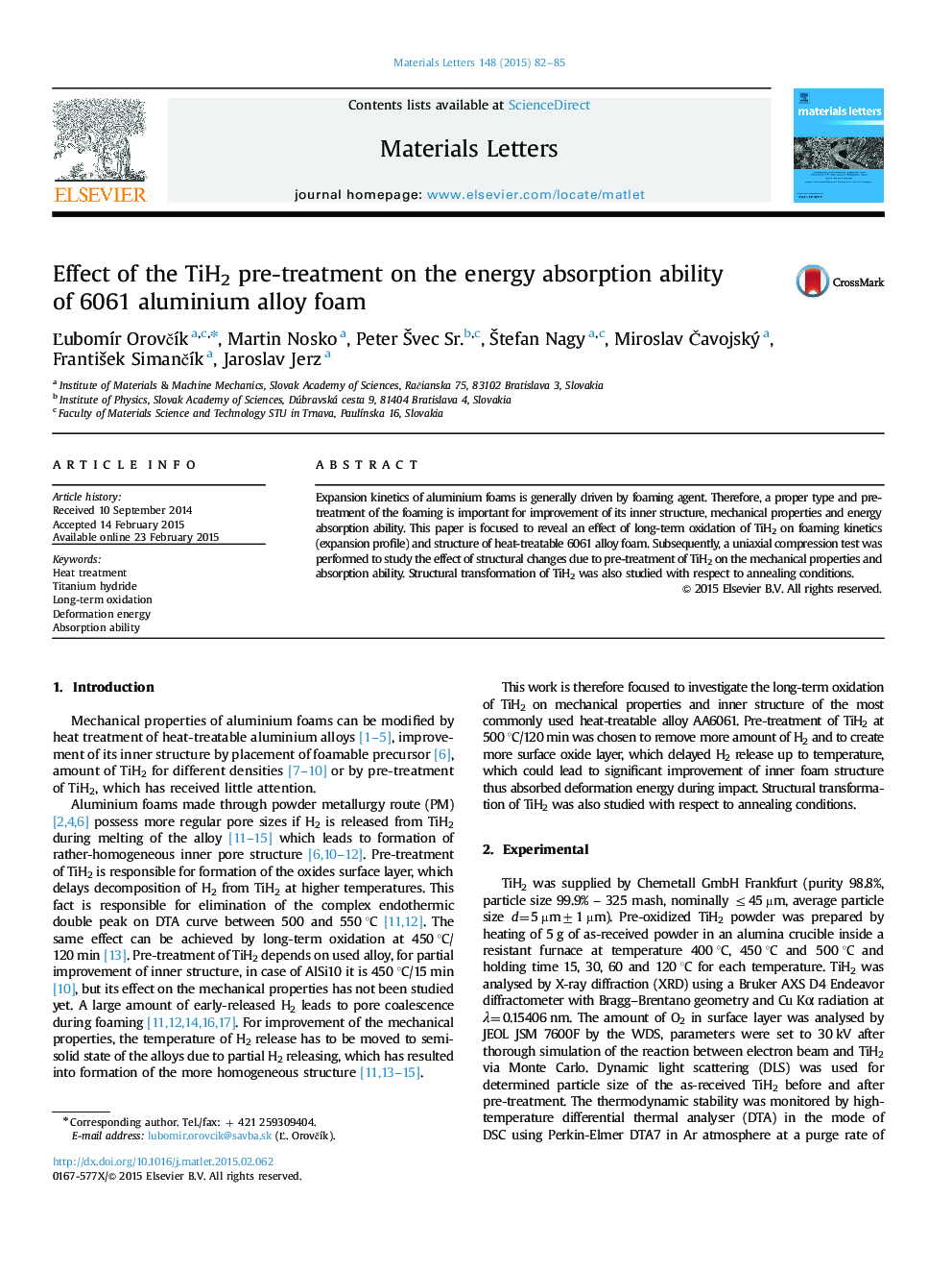 Effect of the TiH2 pre-treatment on the energy absorption ability of 6061 aluminium alloy foam