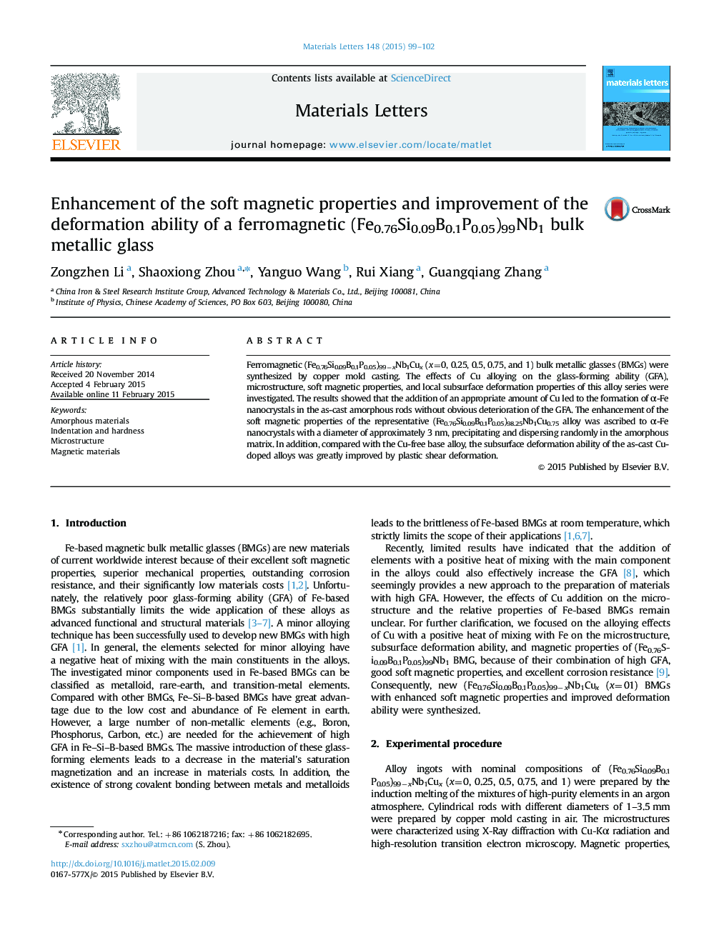 Enhancement of the soft magnetic properties and improvement of the deformation ability of a ferromagnetic (Fe0.76Si0.09B0.1P0.05)99Nb1 bulk metallic glass