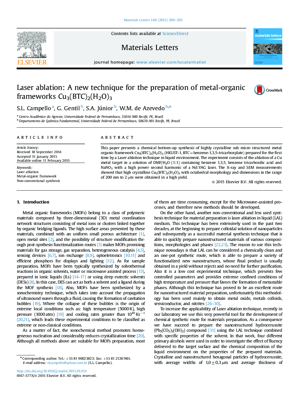 Laser ablation: A new technique for the preparation of metal-organic frameworks Cu3(BTC)2(H2O)3