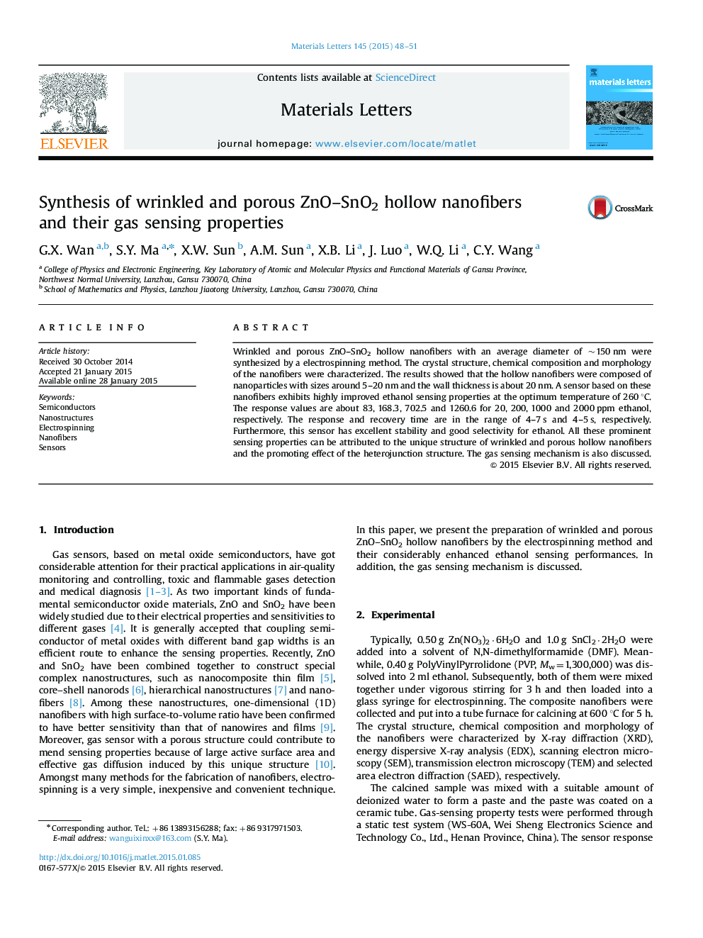 Synthesis of wrinkled and porous ZnO–SnO2 hollow nanofibers and their gas sensing properties