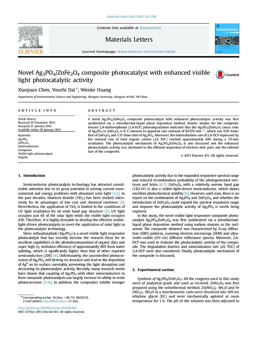 Novel Ag3PO4/ZnFe2O4 composite photocatalyst with enhanced visible light photocatalytic activity